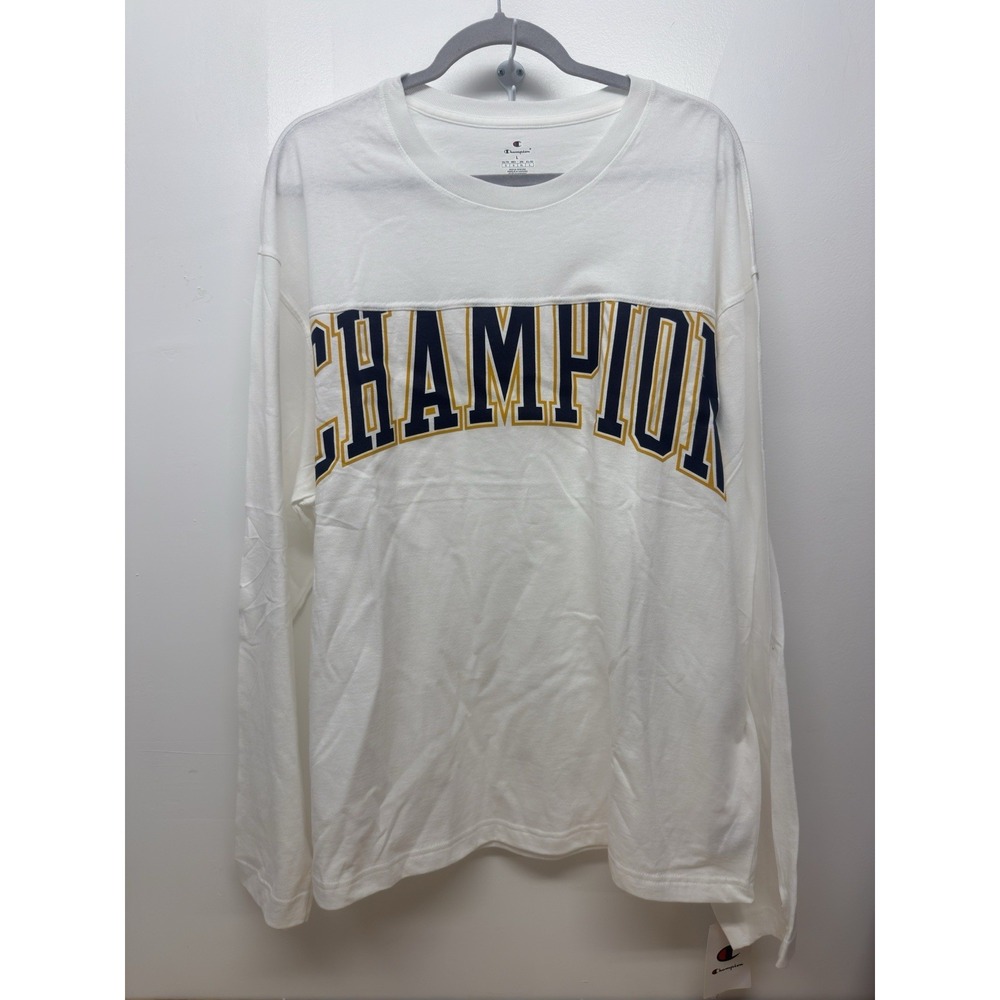 Men's Champion Oversized Long Sleeve White Large T-shirt Crew Neck Logo New #59